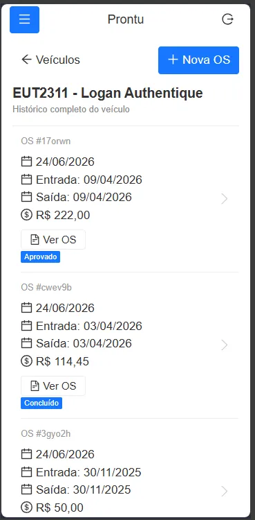 Tela de histórico do veículo no Prontu, com a lista de ordens de serviço