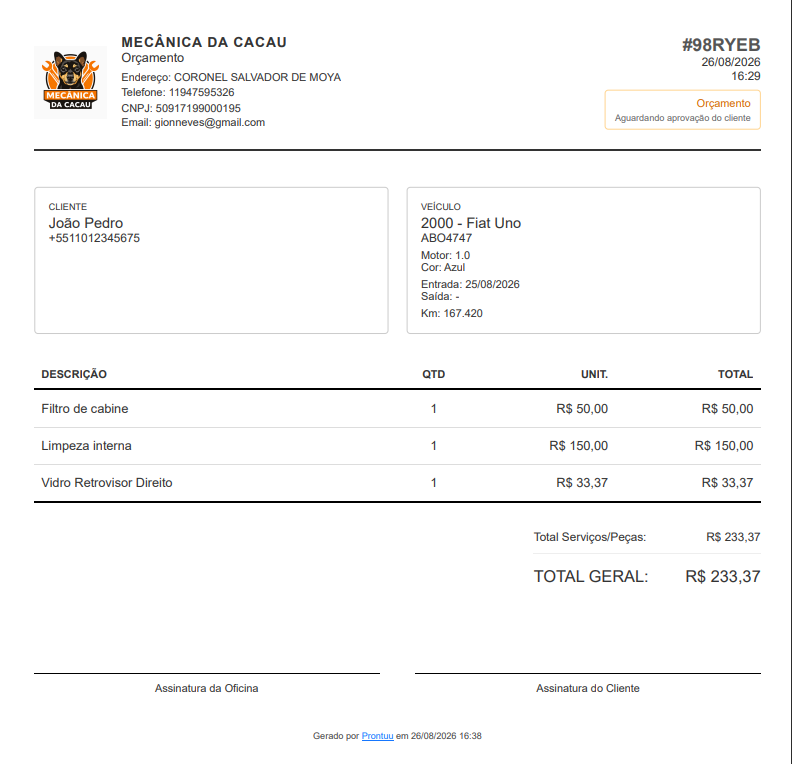 Impressão da Ordem de Serviço